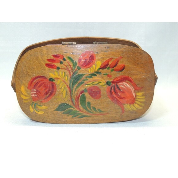 VTG 60s‎ Hand Painted Wooden Picnic Basket Handbag (Bonus 2 VTG Stamps) - Picture 5 of 16